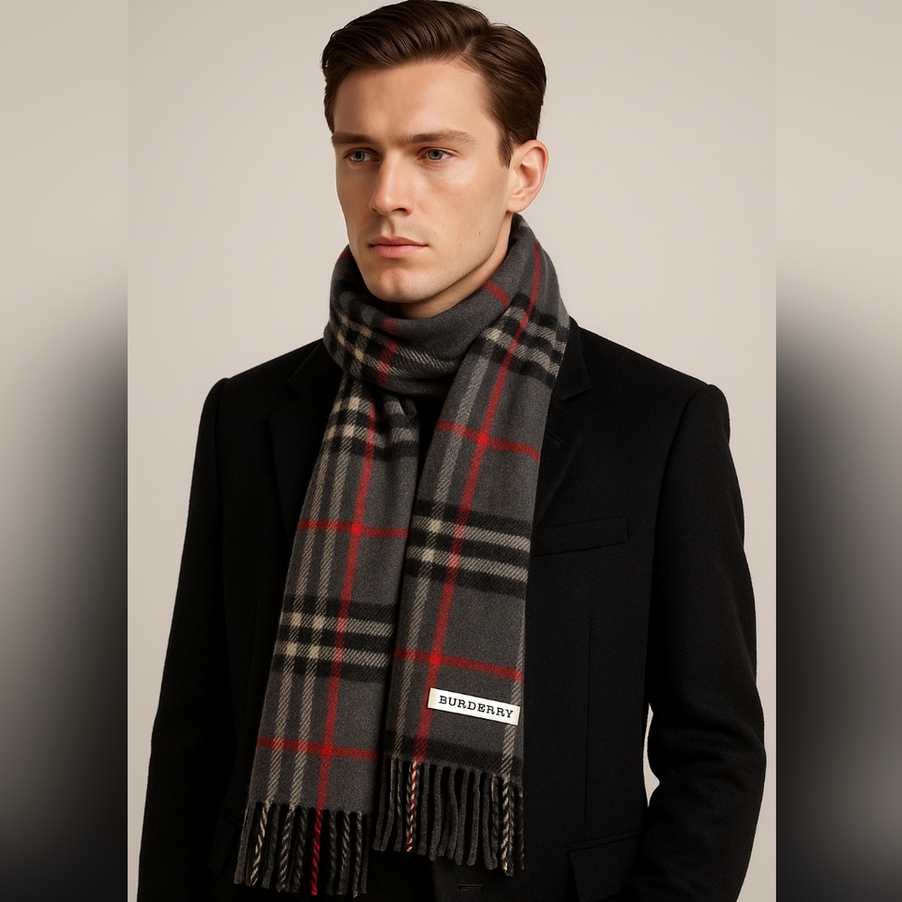 Burberry Gray Check Lambswool Scarf Made in England